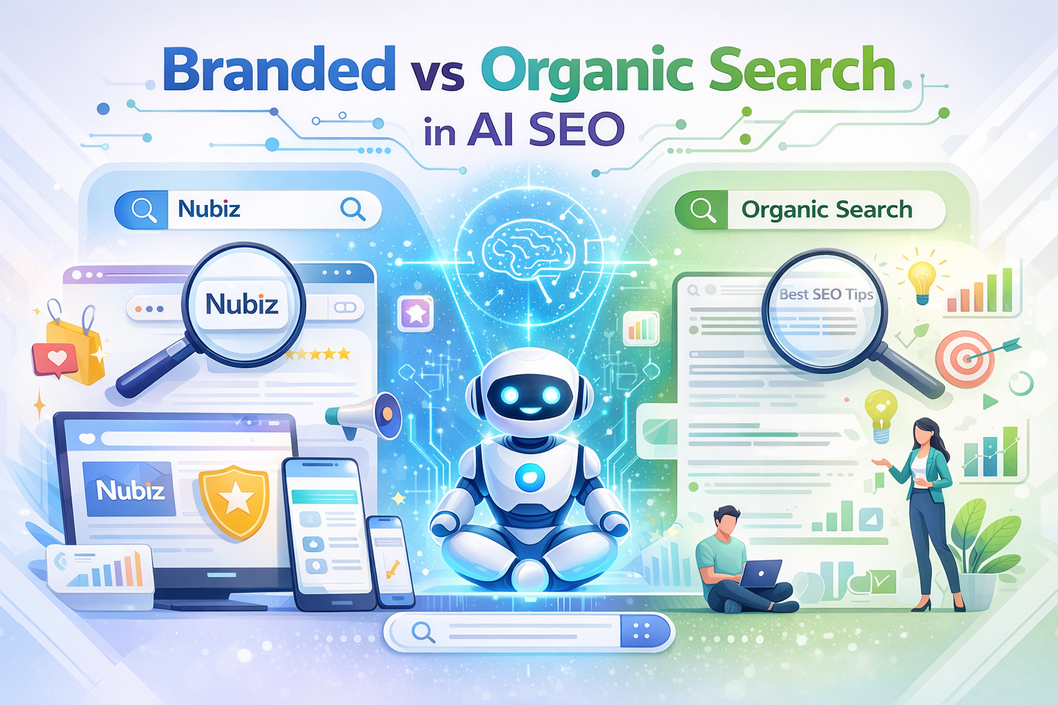Illustration showing the difference between branded and organic search in AI-driven SEO